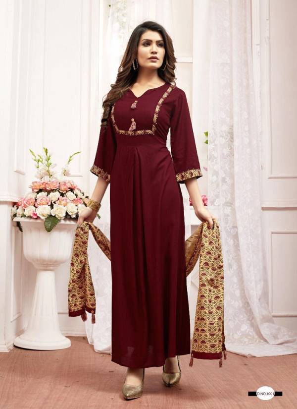 New Launch Stiched Rayon Fabric Gown Having Anarkali Look With Stylish Sleeves and Designer Scarf